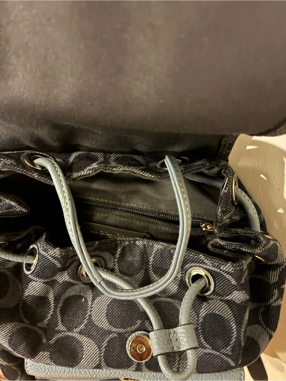 Coach Signature Canvas Backpack with Light Blue Leather Trim